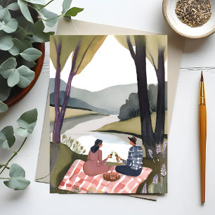 Carte Postale Pique-nique au bord du lac Peinture aquarelle de