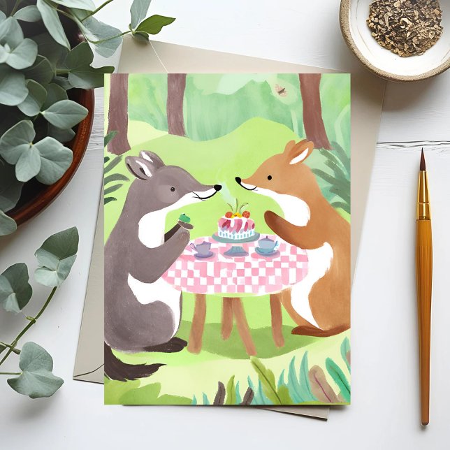 Carte Postale Pique-nique d'animaux forestiers | Aquarelle migno (Créateur téléchargé)
