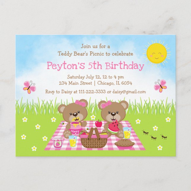 Carte Postale Pique-nique de l'ours en peluche rose Gingham Anni (Devant)