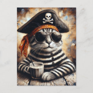 Carte Postale Pirate cat avec un café