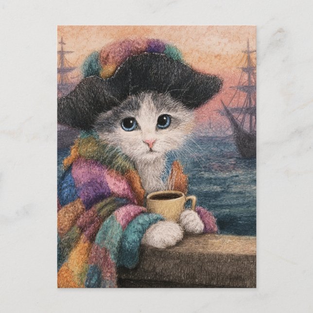 Carte Postale Pirate Cat With a Coffee (Devant)