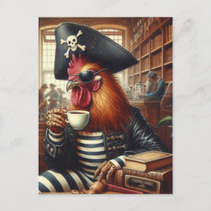Carte Postale Pirate de coq avec café dans une librairie