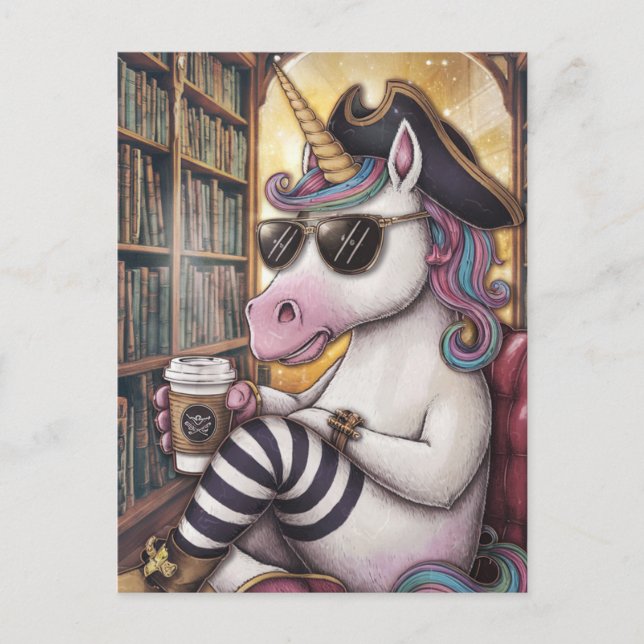 Carte Postale Pirate Unicorne avec un café (Devant)