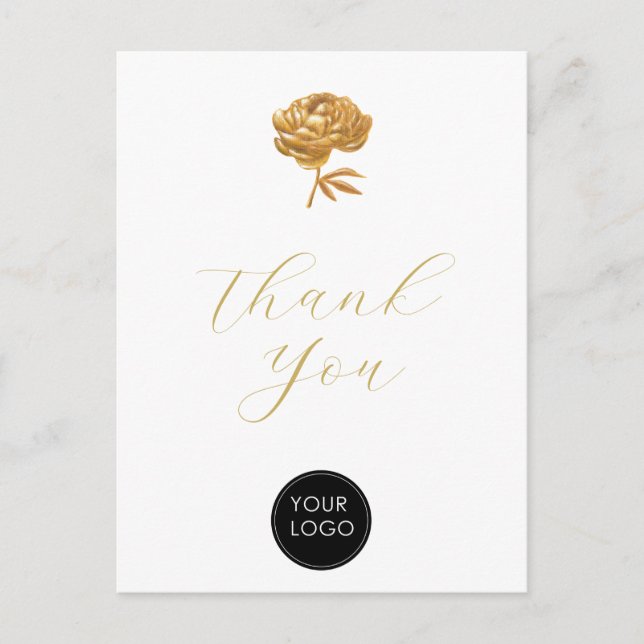 Carte Postale Pivoine dorée Script de logo d'entreprise Merci Bl (Devant)