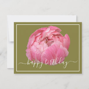 Carte Postale Pivoine rose avec gouttes de rosée sur fond vert p