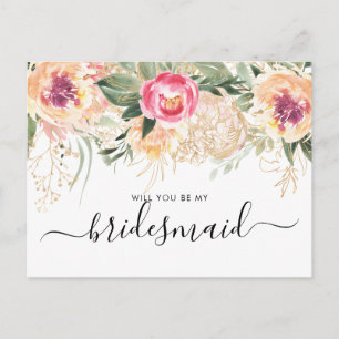 Carte Postale Pivoines roses à l'aquarelle Veux-tu être ma demoi