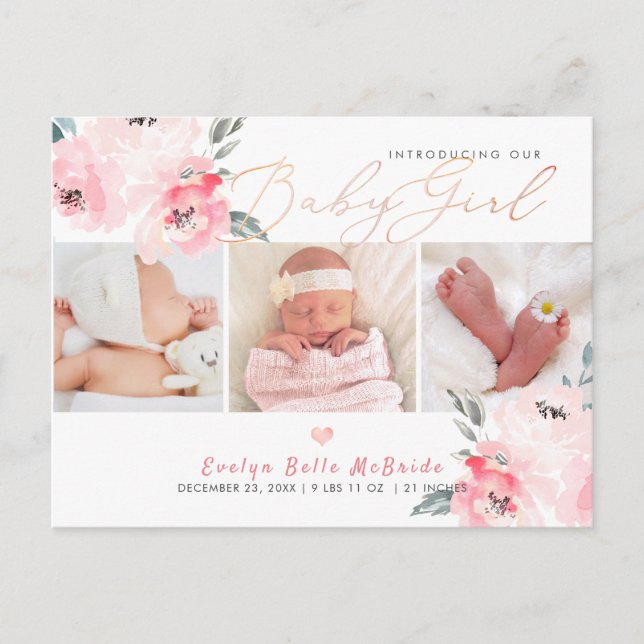 Carte Postale Pix-Dezines Fleurs aquarelles, Naissance des fille (Devant)