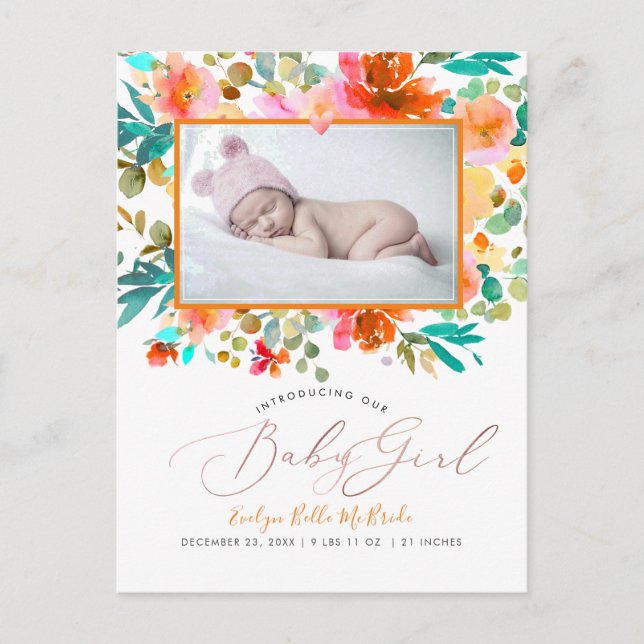 Carte Postale PixDezines Aquarelle Jardin Roses Baby Girl (Devant)