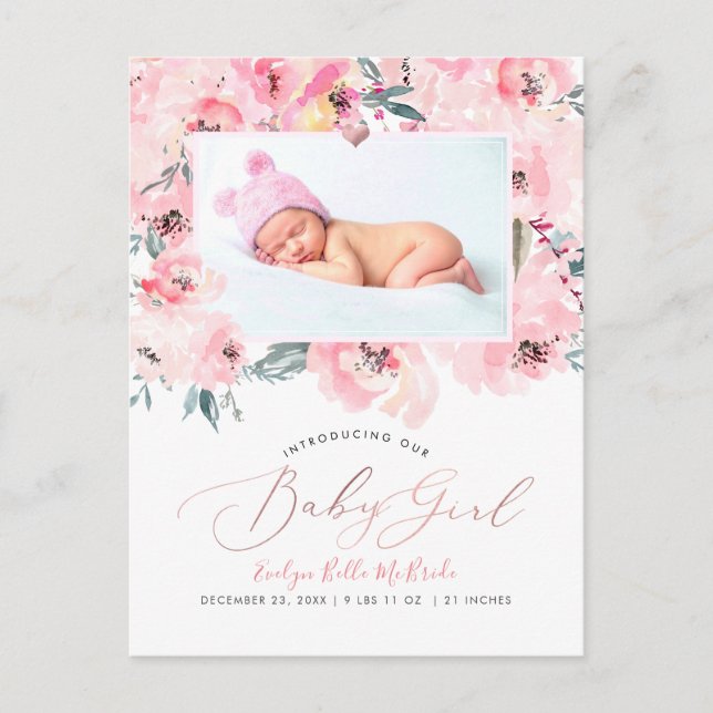 Carte Postale PixDezines Blush Aquarelle Peonies Fille Naissance (Devant)
