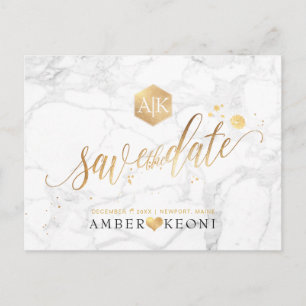 Carte Postale PixDezines Faux Gold/Monogram/Marble/Save our Date