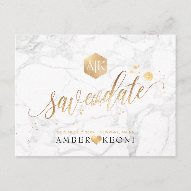 Carte Postale PixDezines Faux Gold/Monogram/Marble/Save our Date (Devant)