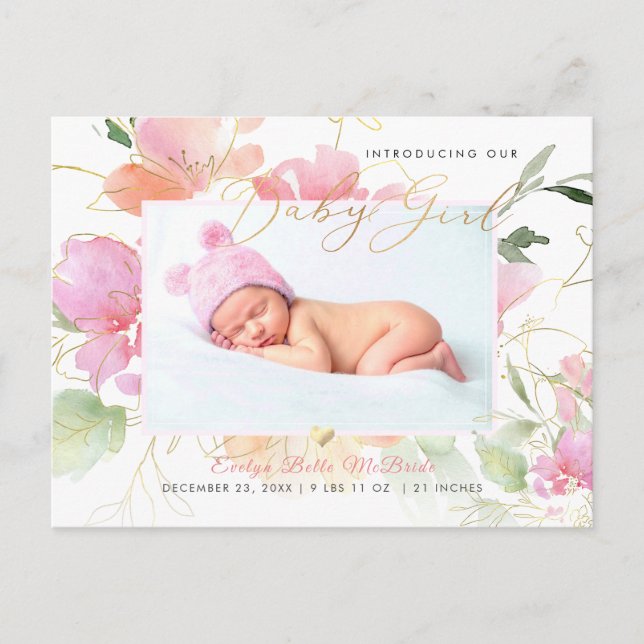Carte Postale PixDezines Fleurs d'aquarelle bleu Fille Naissance (Devant)