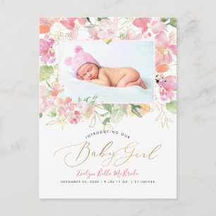 Carte Postale PixDezines Fleurs d'aquarelle bleu Fille Naissance