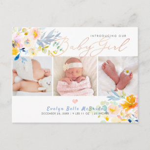 Carte Postale PixDezines Fleurs d'aquarelle, Naissance de fille