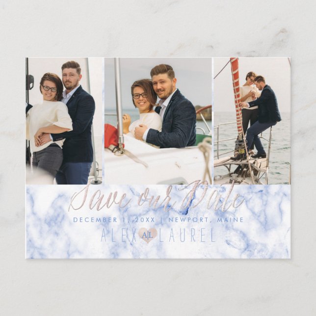 Carte Postale PixDezines Marble+Rose Bleu Enregistrer la date (Devant)