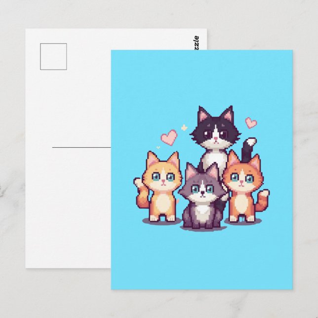 Carte Postale Pixelated Colorful Kitties Green (Devant / Derrière)