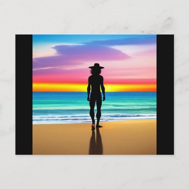 Carte Postale Plage arc-en-ciel  (The ocean is a vibrant turquoise, and the wet sand reflects the silhouette and the colors of the sky)