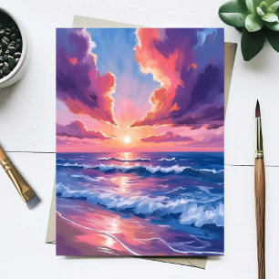 Carte Postale Plage de barbe à papa Coucher de soleil Océan Aqua
