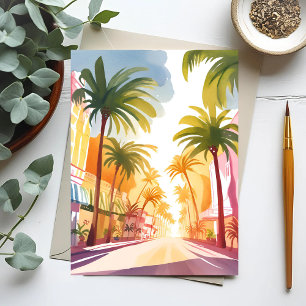 Carte Postale Plage de Miami Peinture aquarelle colorée vive