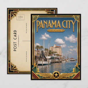 Carte Postale Plage de Panama City Floride Art Déco Doré Vintage