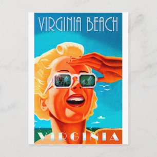Carte Postale Plage de Virginie, femme aux lunettes de soleil bl