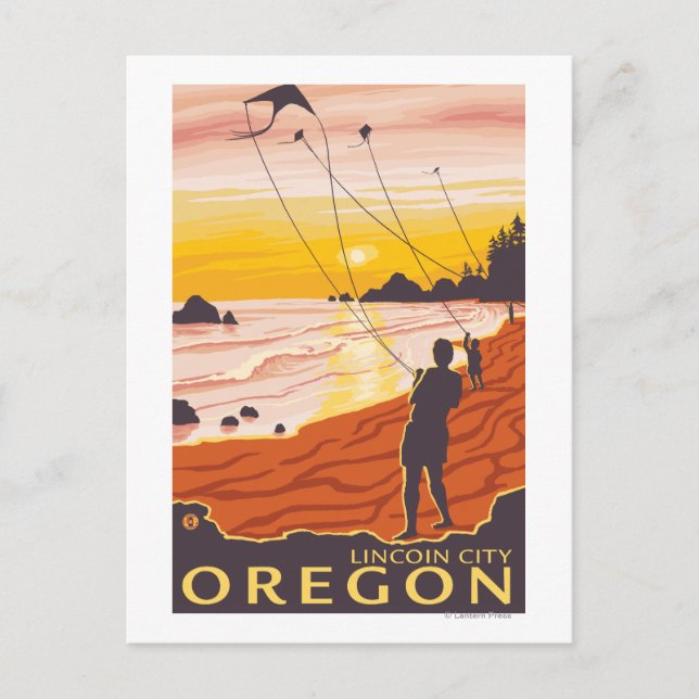 Carte Postale Plage et cerfs-volants - Lincoln City, Oregon (Devant)