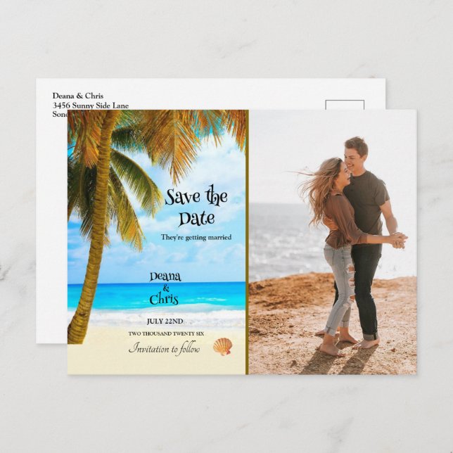 Carte Postale Plage, Palmiers, Océan, Save the Date Mariage (Devant / Derrière)