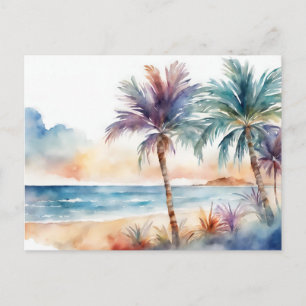 Carte Postale Plage tropicale à l'aquarelle, palmiers