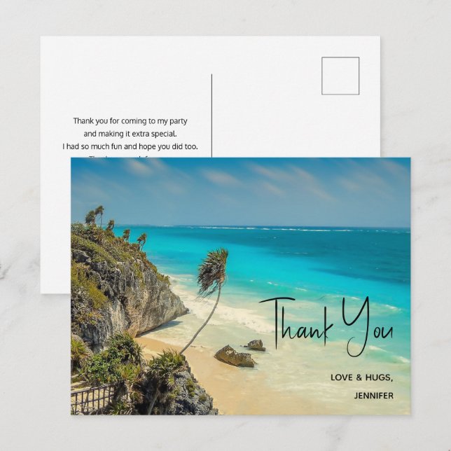 Carte Postale Plage tropicale aux arbres balayés par le vent Mer (Devant / Derrière)