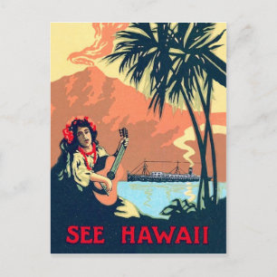 Carte Postale Plage tropicale d'Hawaii, femme jouant de la guita