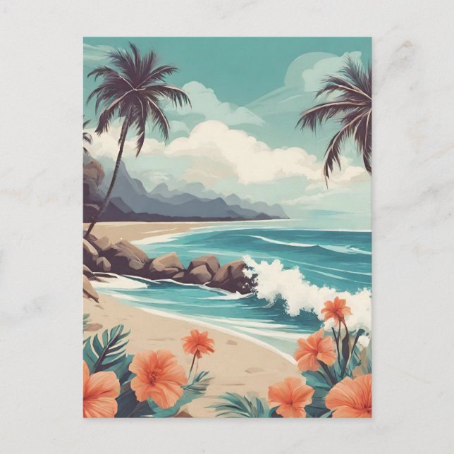 Carte Postale Plage tropicale, Océan, Hibiscus Fleurs (Devant)