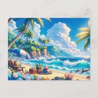 Carte Postale Plage vibrante d'île tropicale à l'aquarelle