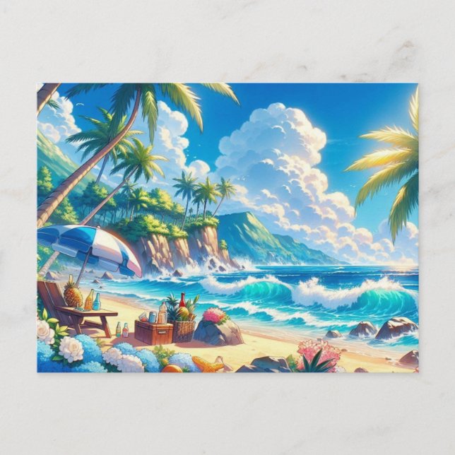 Carte Postale Plage vibrante d'île tropicale à l'aquarelle (Devant)