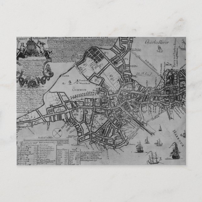 Carte Postale Plan de Boston, Nouvelle-Angleterre, 1739 (Devant)