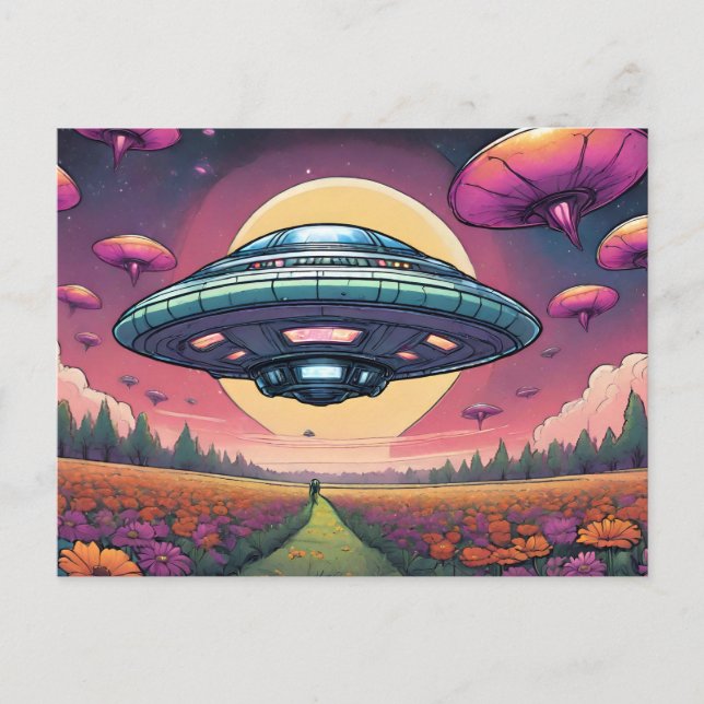 Carte Postale Planète Alien volant UFO au-dessus du champ de fle (Devant)