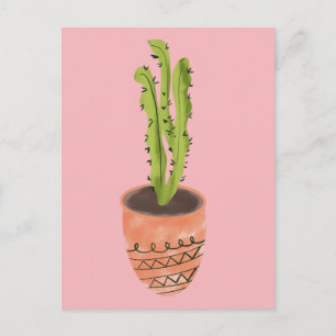 Carte Postale Plante de cactus en terre cuite rose dessinée à la