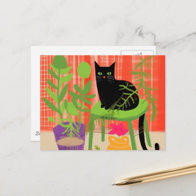 Carte Postale Plantes de maison de chat noir (Devant/Arrière en situation)