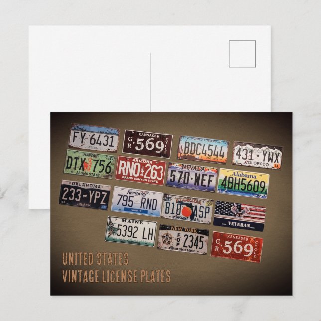 Carte Postale Plaques de licence américaines vintages (Devant / Derrière)