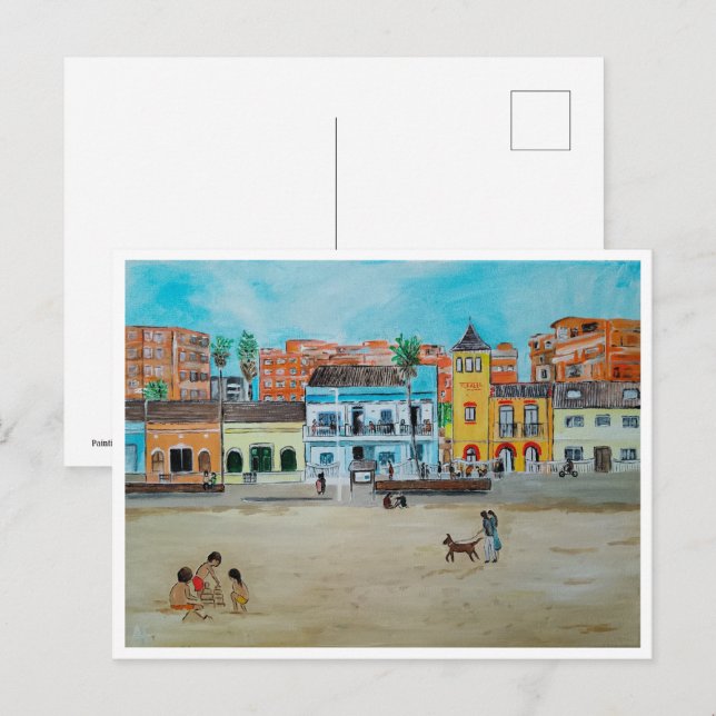 Carte Postale Playa de la Malvarrosa Peinture d'Alfred Fox (Devant / Derrière)