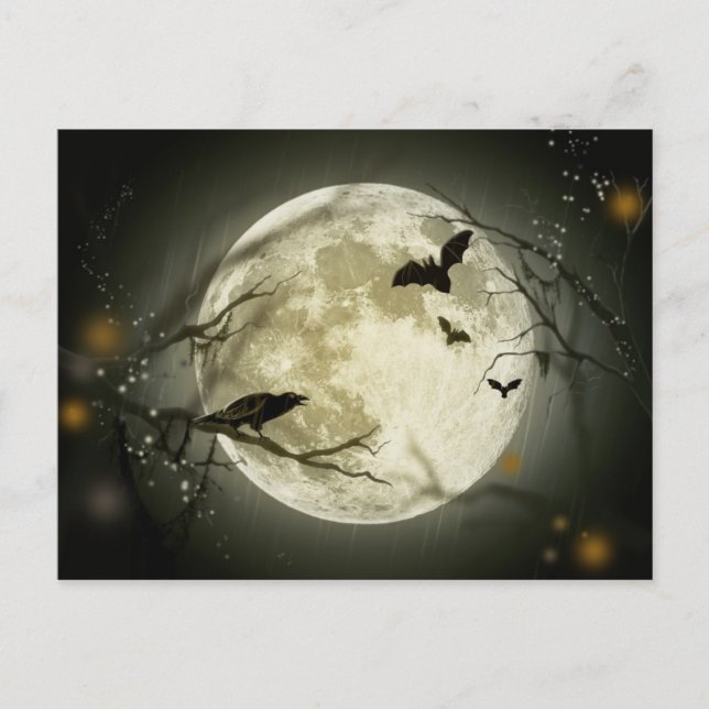 Carte Postale Pleine lune avec chauves-souris et corbeau (Devant)