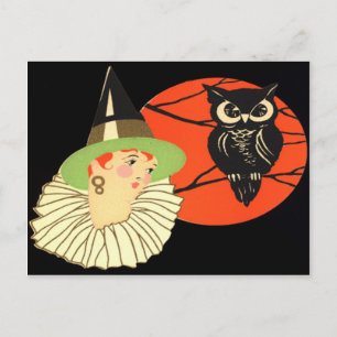 Carte Postale Pleine lune Chouette sorcière Art Déco