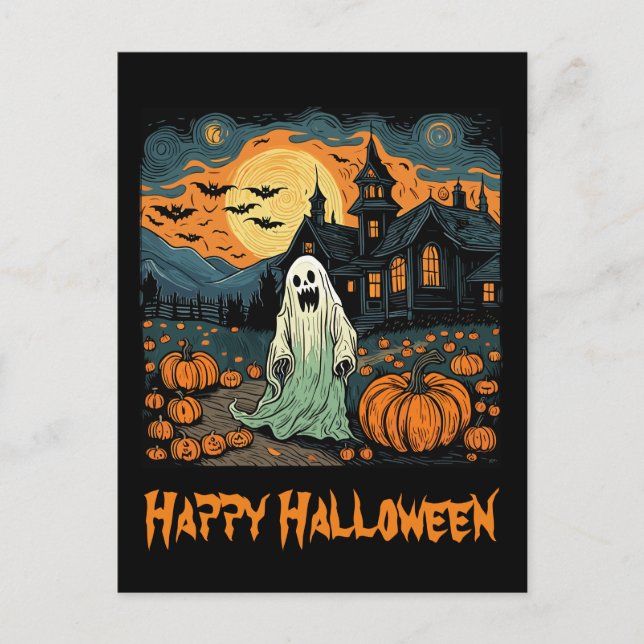 Carte Postale Pleine lune Citrouille Déplaisant Retro Halloween  (Devant)