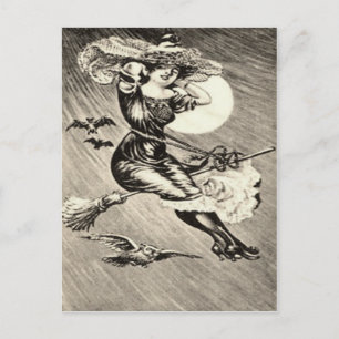 Carte Postale Pleine lune de chauve-souris à sorcière monochrome