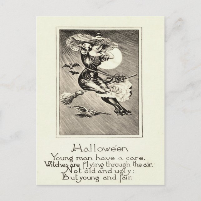 Carte Postale Pleine lune de chauve-souris à sorcière monochrome (Devant)