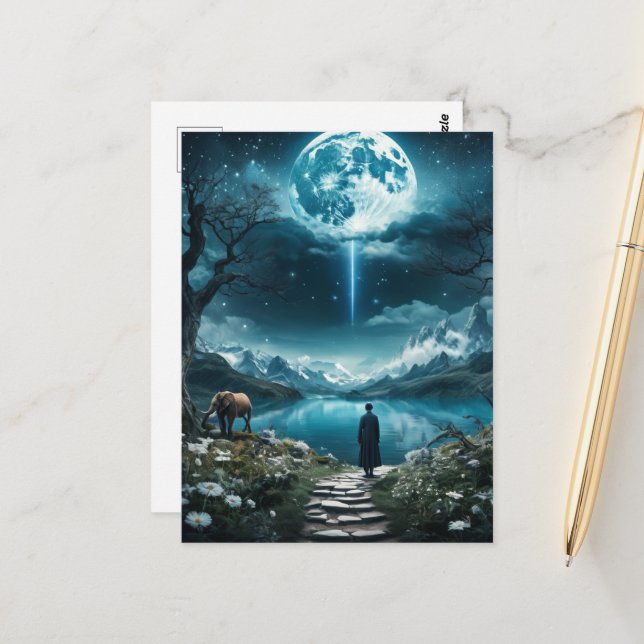 Carte Postale Pleine lune Eléphant et femme (Devant/Arrière en situation)