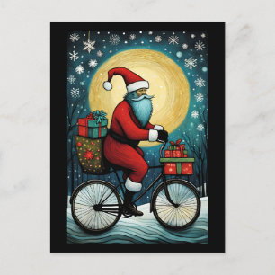Carte Postale Pleine lune Père Noël Vélo présente Noël