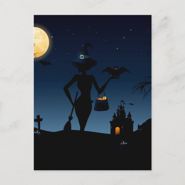 Carte Postale Pleine lune, Sorcière Avec Salle Et Casquette Diam (Devant)