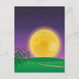 Carte Postale Pleine lune sur Hill Paysage avec ciel étoilé