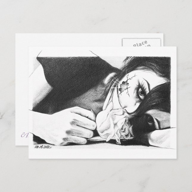Carte Postale Pleurant fille avec rose dessin surréaliste (Devant / Derrière)