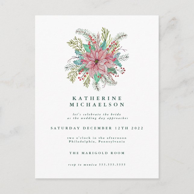 Carte Postale PLUIE DE CADEAUX | Poinsettia Floral Aquarelle (Devant)